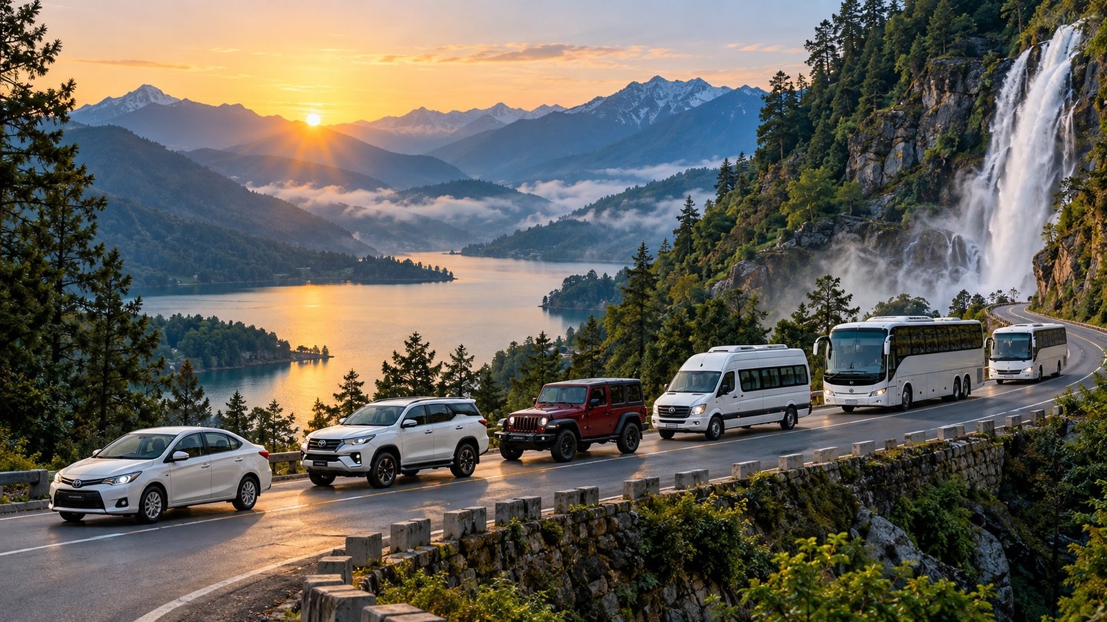 Scenic sunrise over mountain hills, a lake and waterfall beside a winding road with cab, SUVs, Traveller and buses